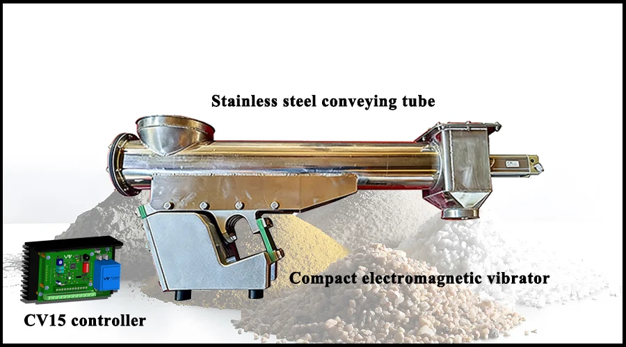 VRV compact electromagnetic vibrating feeder with stainless steel conveying tube and CV15 controller