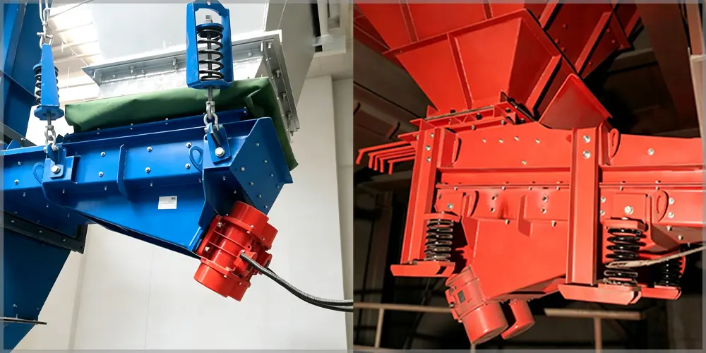 Blue suspended vibrating bin discharge feeder with vibratory motor and spring suspension, mining bin discharge feeder